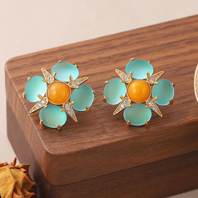 1 Pair Vintage Style Simple Style Star Flower Inlay Copper Natural Stone Glass Zircon Ear Studs