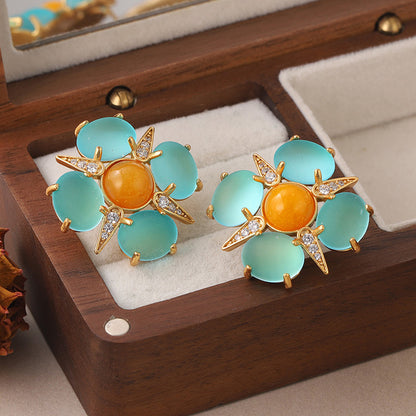 1 Pair Vintage Style Simple Style Star Flower Inlay Copper Natural Stone Glass Zircon Ear Studs