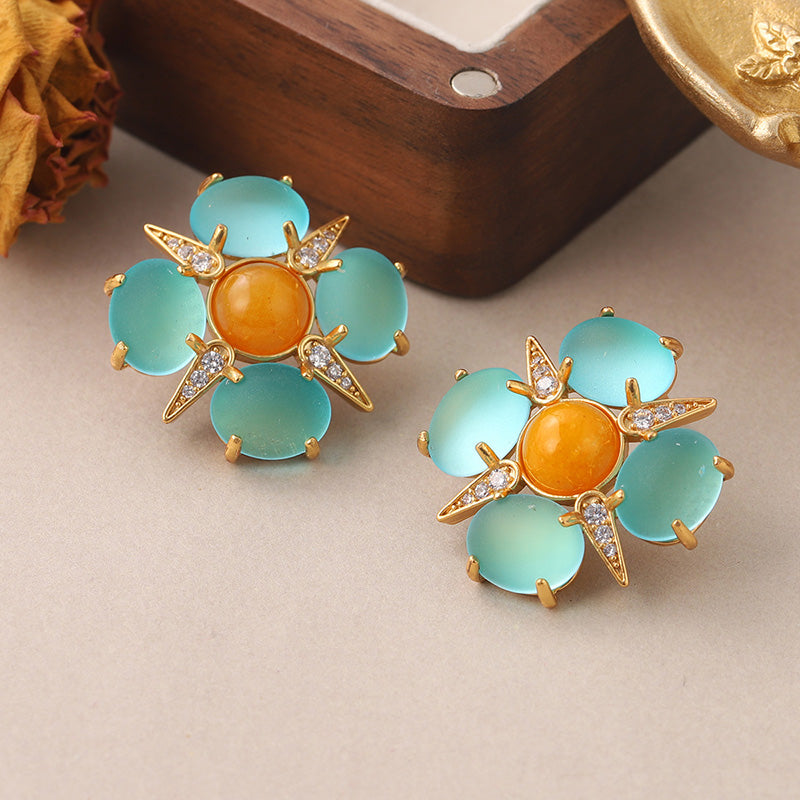 1 Pair Vintage Style Simple Style Star Flower Inlay Copper Natural Stone Glass Zircon Ear Studs