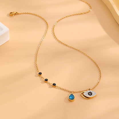 Simple Style Devil's Eye Water Droplets Titanium Steel Plating Inlay Zircon Gold Plated Pendant Necklace