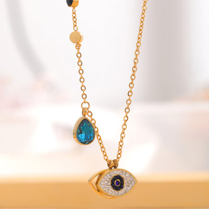 Simple Style Devil's Eye Water Droplets Titanium Steel Plating Inlay Zircon Gold Plated Pendant Necklace