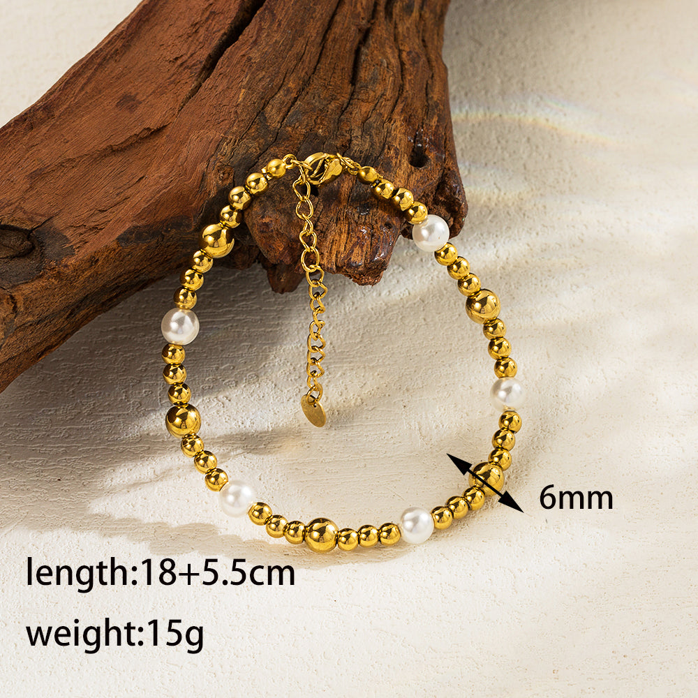 Simple Style Round Stainless Steel Imitation Pearl Plating 18k Gold Plated Bracelets Necklace