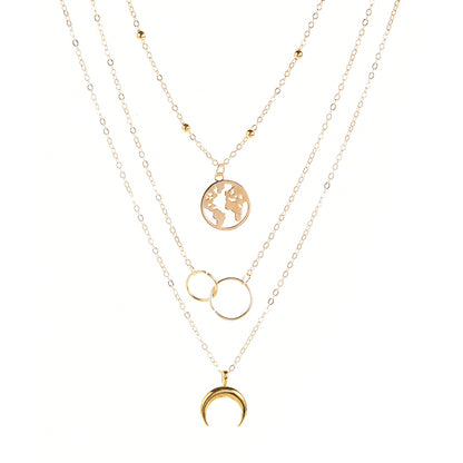 Casual Simple Style Circle Earth Moon Stainless Steel Plating Hollow Out Silver Plated Three Layer Necklace