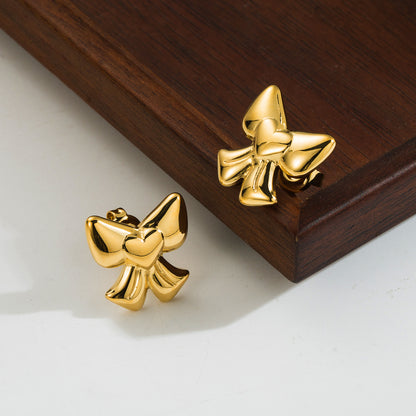 1 Pair Cute Simple Style Heart Shape Bow Knot Polishing Plating Stainless Steel 14k Gold Plated Ear Studs