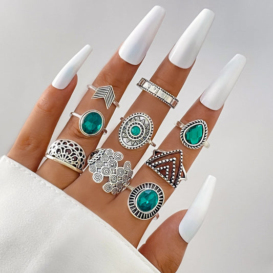 Retro Fan Shaped Water Drop Rhinestone Gems Geometry Triangle 9 Piece Ring Set Nhgy140097