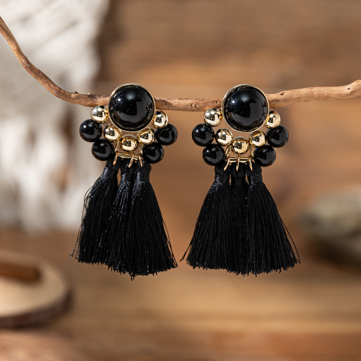 1 Pair Vacation Flower Beaded Tassel Synthetic Fibre Glass Dangling Earrings