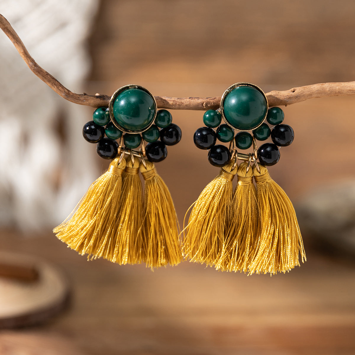 1 Pair Vacation Flower Beaded Tassel Synthetic Fibre Glass Dangling Earrings