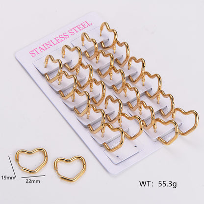 12 Pairs Simple Style Solid Color Asymmetrical Plating Stainless Steel 18k Gold Plated Hoop Earrings