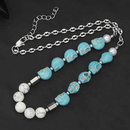 Casual Hip-hop Classic Style Skull Stainless Steel Turquoise Beaded Necklace