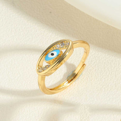 Wholesale Simple Style Classic Style Devil's Eye Copper Enamel Plating Inlay 14k Gold Plated Zircon Adjustable Ring