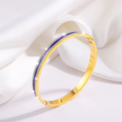 Simple Style Lines Stainless Steel Enamel Inlay Zircon Bangle