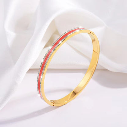 Simple Style Lines Stainless Steel Enamel Inlay Zircon Bangle