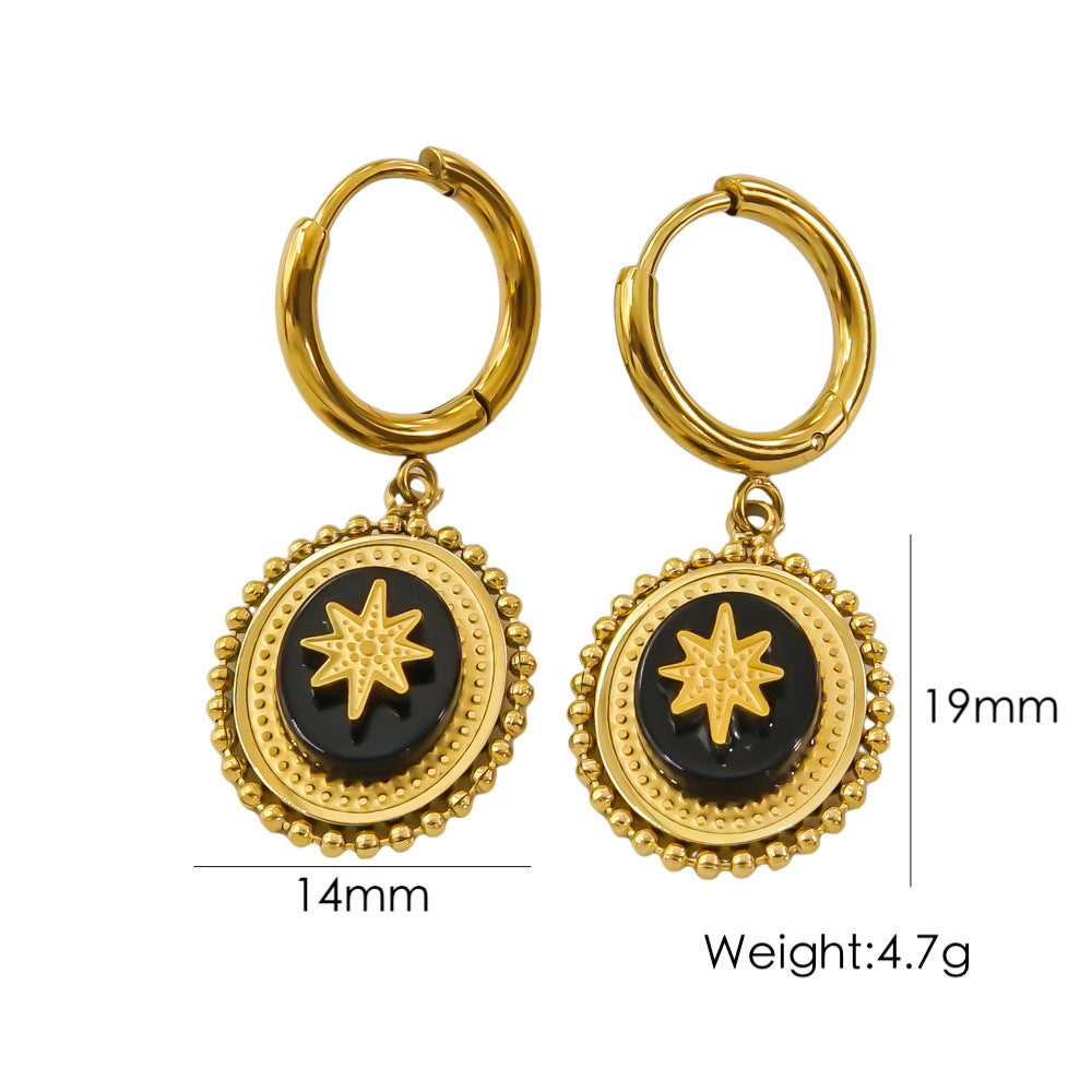 1 Pair British Style Color Block Oval Plating Inlay Stainless Steel Natural Stone 14k Gold Plated Drop Earrings