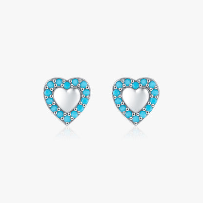 1 Pair Retro Simple Style Heart Shape Inlay Sterling Silver Turquoise Ear Studs