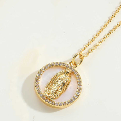 Ig Style Vintage Style Portrait Sun Letter Copper Enamel Plating Inlay Shell Zircon 14k Gold Plated Pendant Necklace