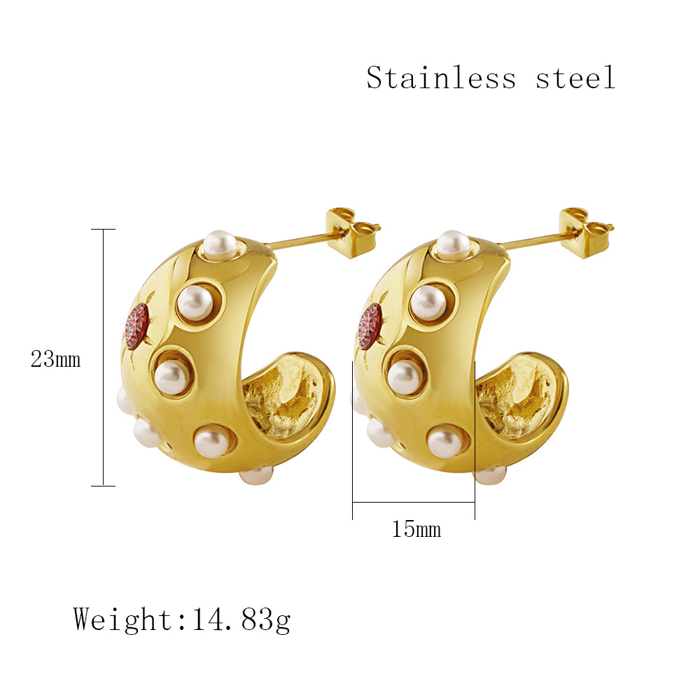 1 Pair Elegant Simple Style C Shape Plating Inlay Stainless Steel Artificial Pearls Rhinestones 18k Gold Plated Ear Studs