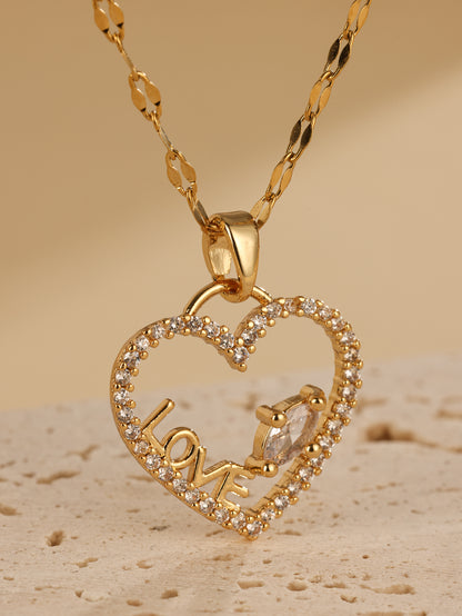 Elegant Heart Shape Stainless Steel Plating Inlay Zircon 18k Gold Plated Pendant Necklace