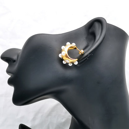 1 Pair Elegant Retro C Shape Plating Inlay Stainless Steel Artificial Pearls 18k Gold Plated Ear Studs