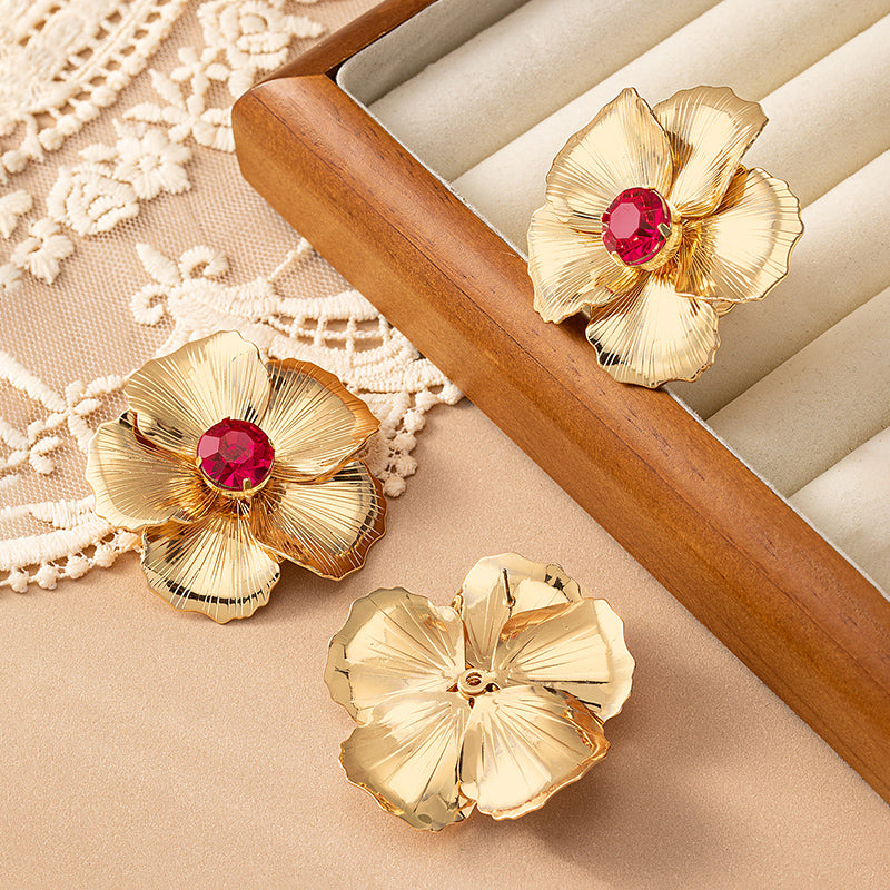 Elegant Classical Flower Alloy Plating Inlay Acrylic 14k Gold Plated Women's Rings Earrings