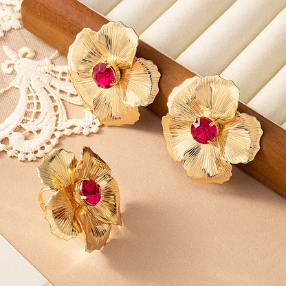 Elegant Classical Flower Alloy Plating Inlay Acrylic 14k Gold Plated Women's Rings Earrings