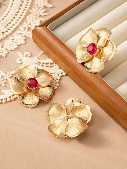 Elegant Classical Flower Alloy Plating Inlay Acrylic 14k Gold Plated Women's Rings Earrings