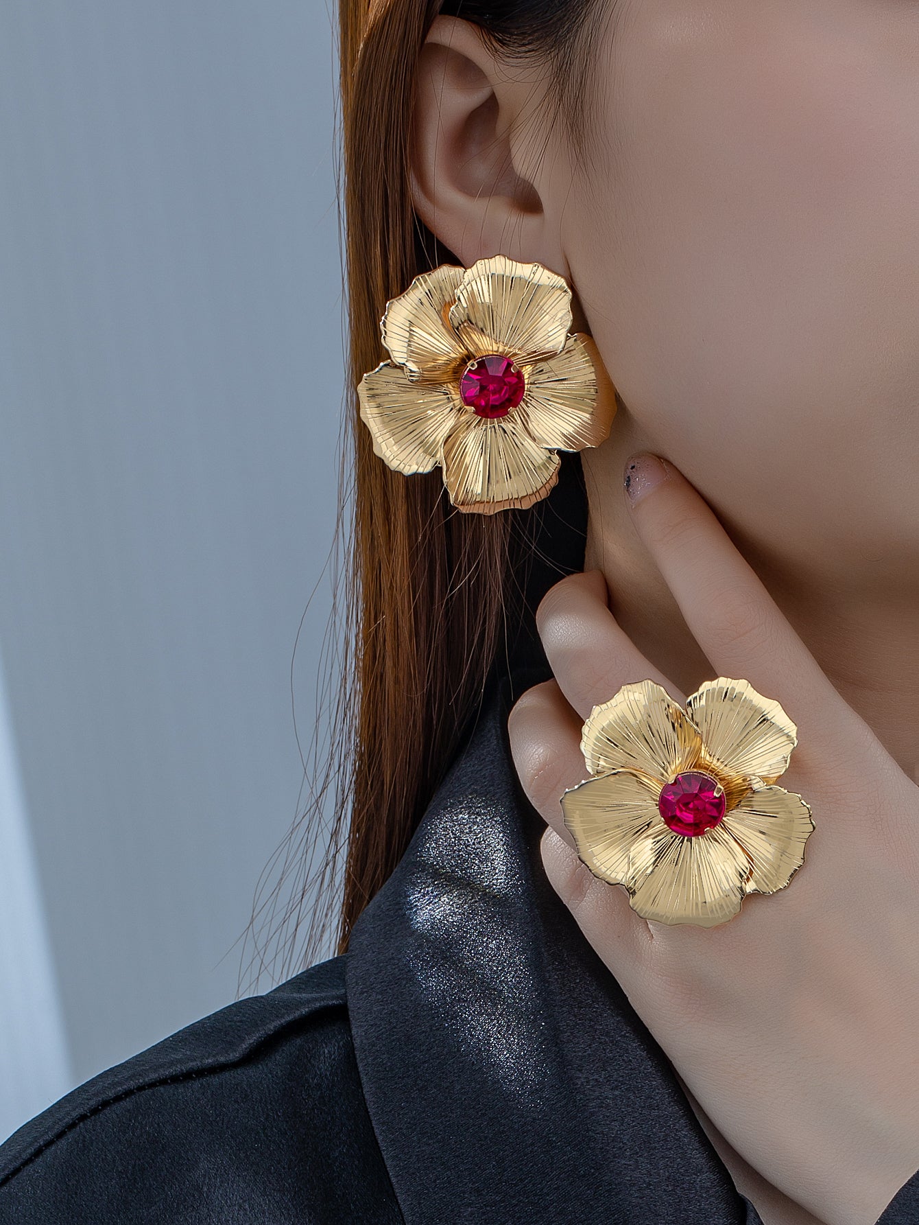 Elegant Classical Flower Alloy Plating Inlay Acrylic 14k Gold Plated Women's Rings Earrings