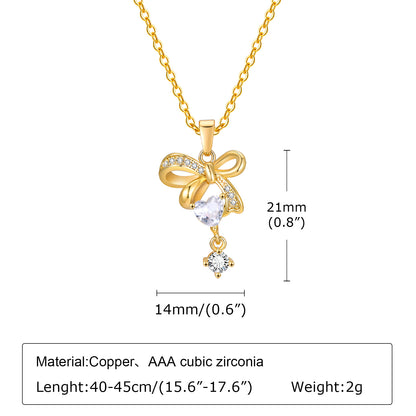 Elegant Sweet Bow Knot Copper Inlay Zircon 18k Gold Plated Pendant Necklace