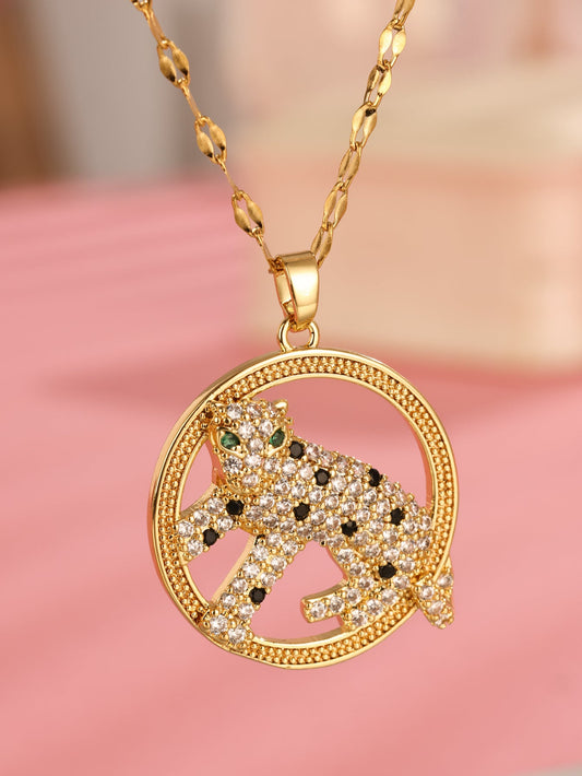 Cool Style Jaguar Stainless Steel Plating Inlay Zircon 18k Gold Plated Pendant Necklace