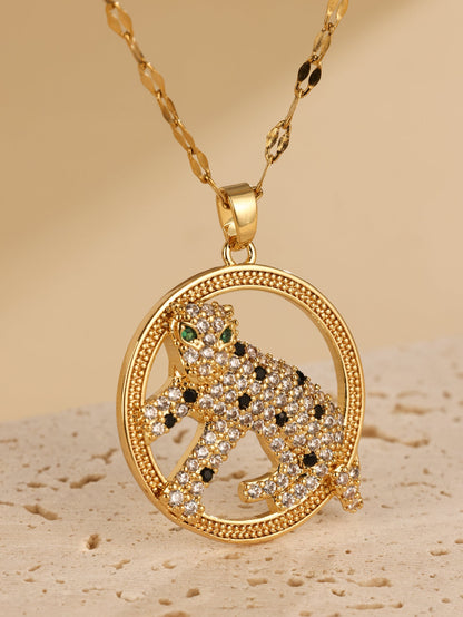 Cool Style Jaguar Stainless Steel Plating Inlay Zircon 18k Gold Plated Pendant Necklace