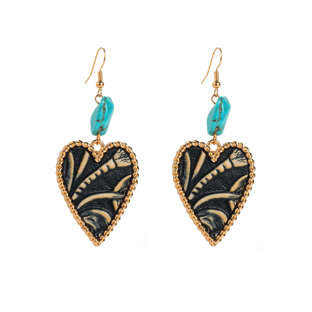 1 Pair Elegant Vintage Style Heart Shape Plating Inlay Alloy Artificial Leather Turquoise Drop Earrings