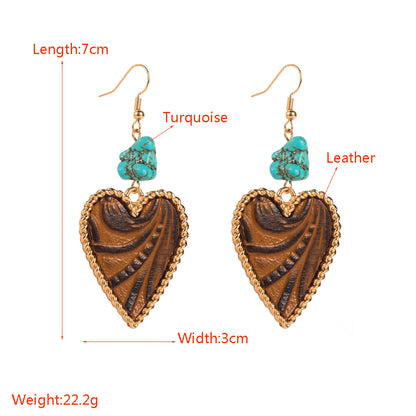 1 Pair Elegant Vintage Style Heart Shape Plating Inlay Alloy Artificial Leather Turquoise Drop Earrings