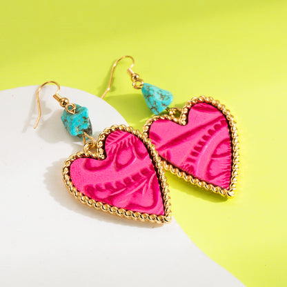 1 Pair Elegant Vintage Style Heart Shape Plating Inlay Alloy Artificial Leather Turquoise Drop Earrings