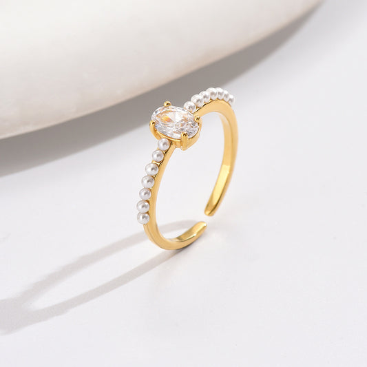 Wholesale Elegant Simple Style Oval Copper Plating Inlay Artificial Pearls Zircon Open Rings