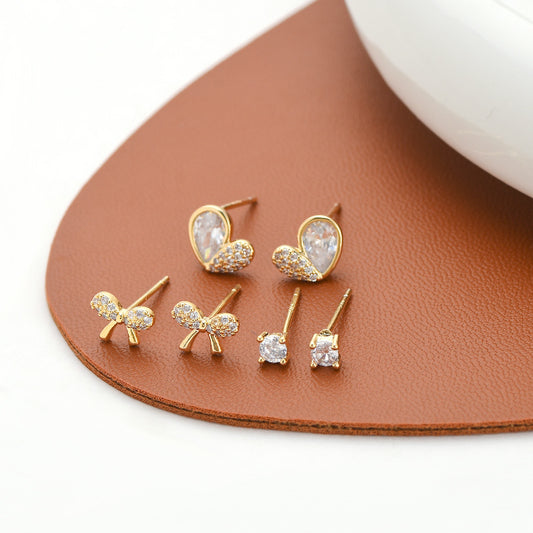 1 Set Simple Style Round Heart Shape Bow Knot Plating Inlay Copper Zircon Ear Studs