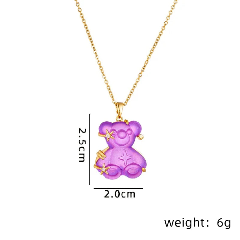 Cute Little Bear Star Titanium Steel Copper Plating Inlay Resin Zircon Gold Plated Pendant Necklace