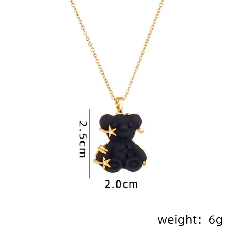 Cute Little Bear Star Titanium Steel Copper Plating Inlay Resin Zircon Gold Plated Pendant Necklace