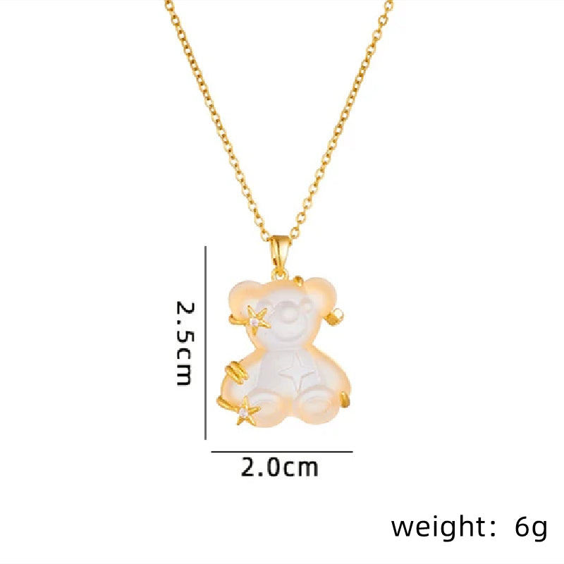 Cute Little Bear Star Titanium Steel Copper Plating Inlay Resin Zircon Gold Plated Pendant Necklace