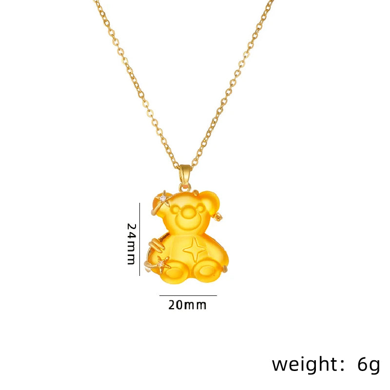 Cute Little Bear Star Titanium Steel Copper Plating Inlay Resin Zircon Gold Plated Pendant Necklace