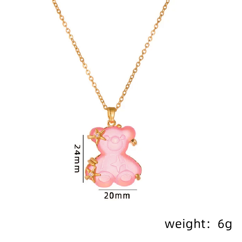 Cute Little Bear Star Titanium Steel Copper Plating Inlay Resin Zircon Gold Plated Pendant Necklace