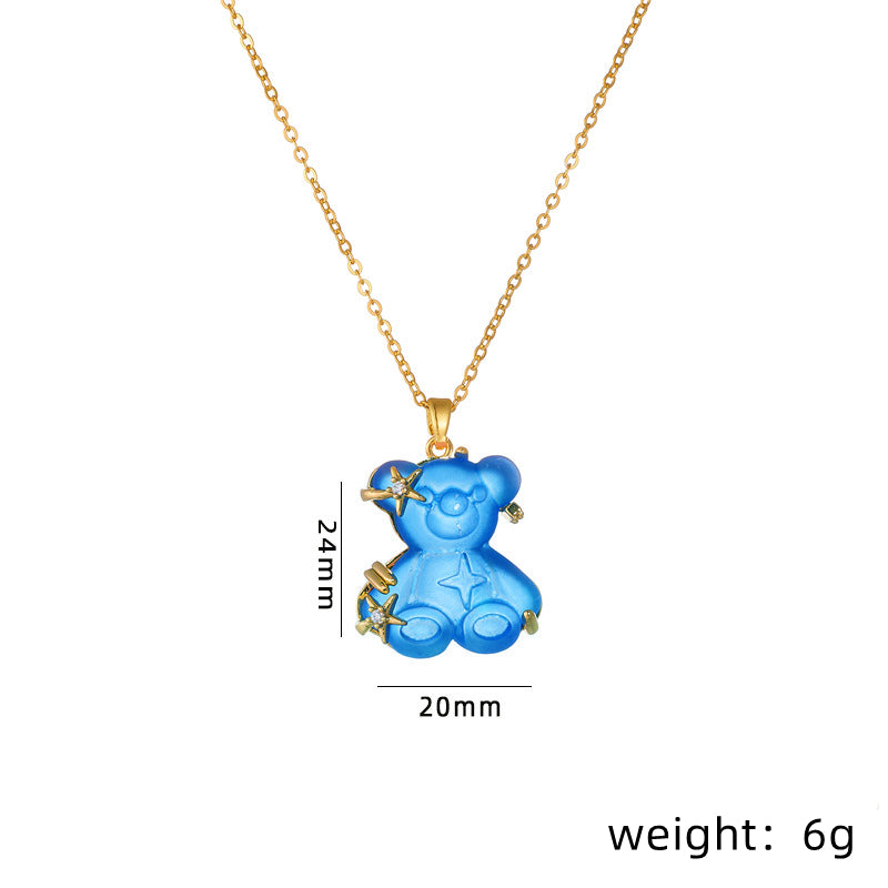 Cute Little Bear Star Titanium Steel Copper Plating Inlay Resin Zircon Gold Plated Pendant Necklace