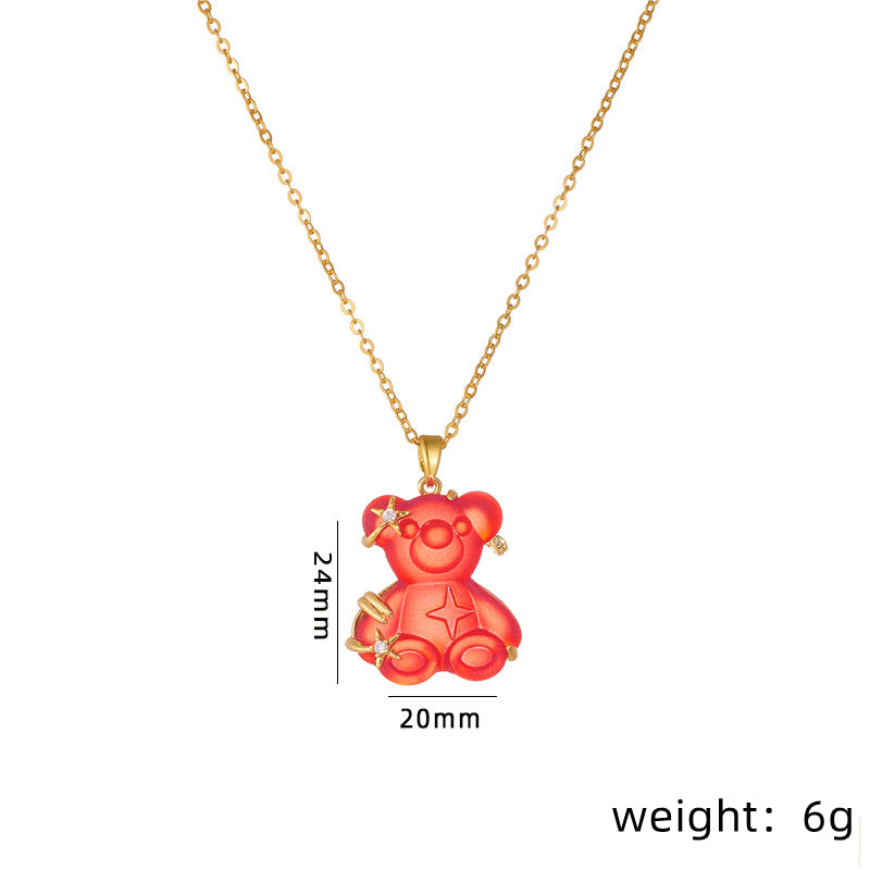 Cute Little Bear Star Titanium Steel Copper Plating Inlay Resin Zircon Gold Plated Pendant Necklace