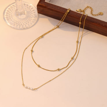 Stainless Steel Vintage Style Simple Style Solid Color Beaded Pearl Plating Double Layer Necklaces