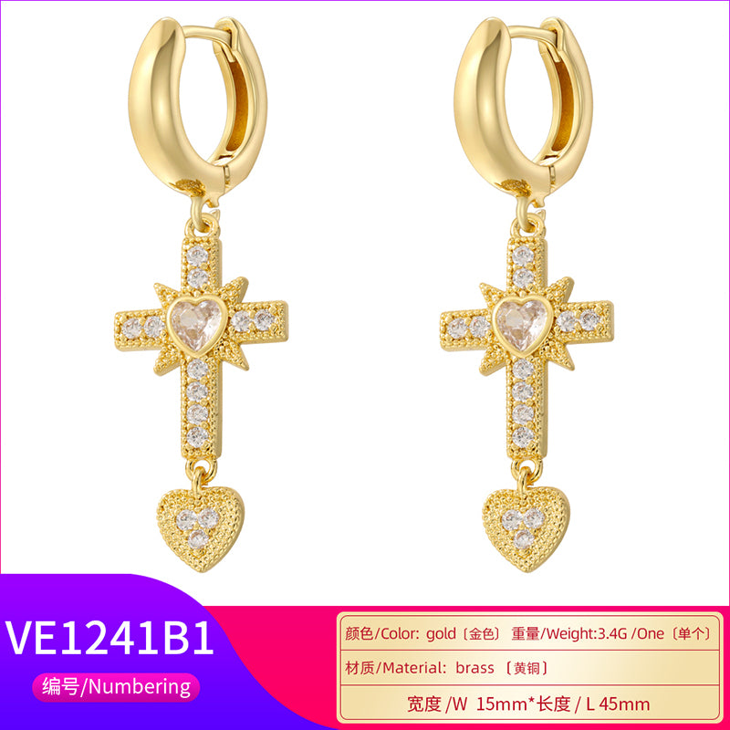 1 Pair Ig Style Cross Moon Bell Plating Inlay Copper Zircon Hoop Earrings