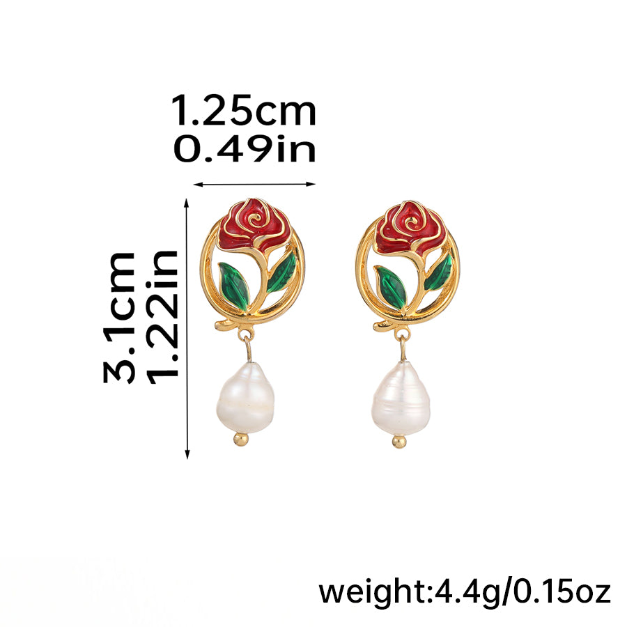 Freshwater Pearl Copper Elegant British Style Heart Shape Rose Enamel Plating Inlay Freshwater Pearl Drop Earrings