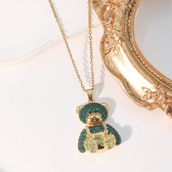 Cute Bear Titanium Steel Copper Plating Inlay Zircon Pendant Necklace