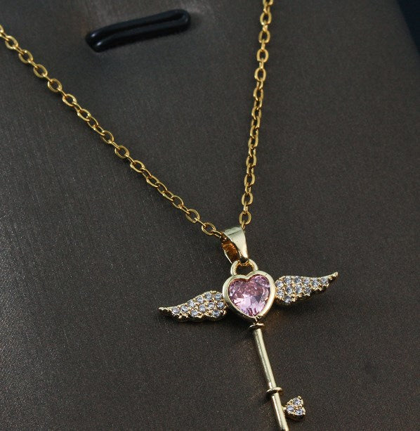 Simple Style Heart Shape Wings Key Titanium Steel Copper Plating Inlay Zircon Pendant Necklace
