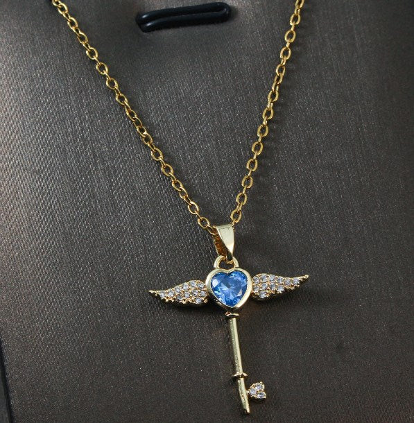 Simple Style Heart Shape Wings Key Titanium Steel Copper Plating Inlay Zircon Pendant Necklace