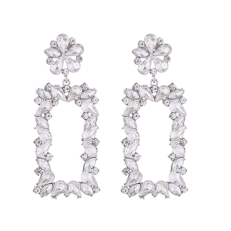 1 Pair Exaggerated Luxurious Flower Rectangle Inlay Alloy Rhinestones Glass Drop Earrings