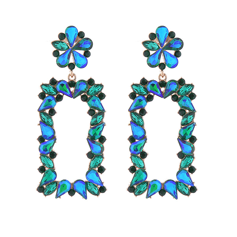 1 Pair Exaggerated Luxurious Flower Rectangle Inlay Alloy Rhinestones Glass Drop Earrings