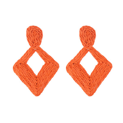 1 Pair Bohemian Geometric Rhombus Handmade Alloy Raffia Drop Earrings